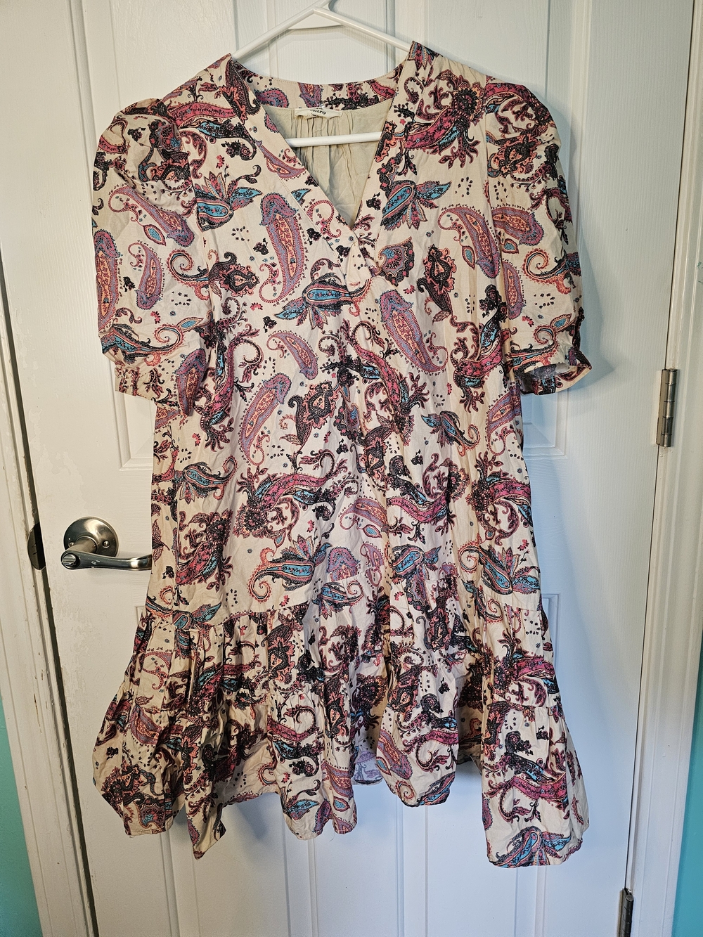 entro Cream Paisley V-Neck Mini Dress with Pink & Teal Accents Size S